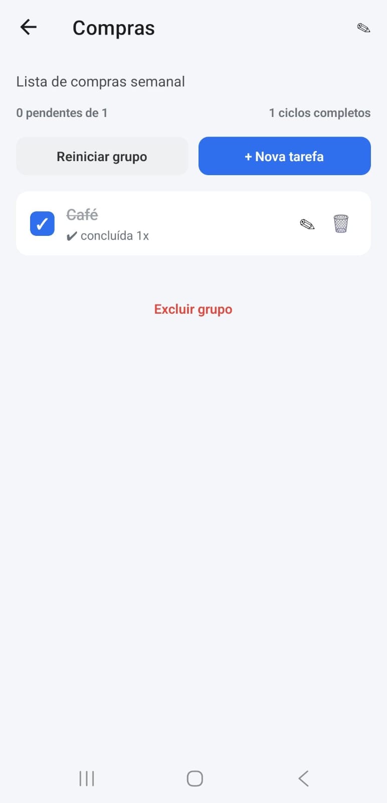 Tela de um grupo de tarefas no app Checklist, com uma tarefa concluída e o contador de ciclos